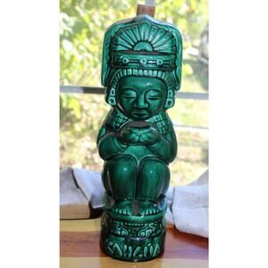 VTG Kahlua Jade Green Glazed Tiki Aztec Mayan Ceramic Decanter Bottle